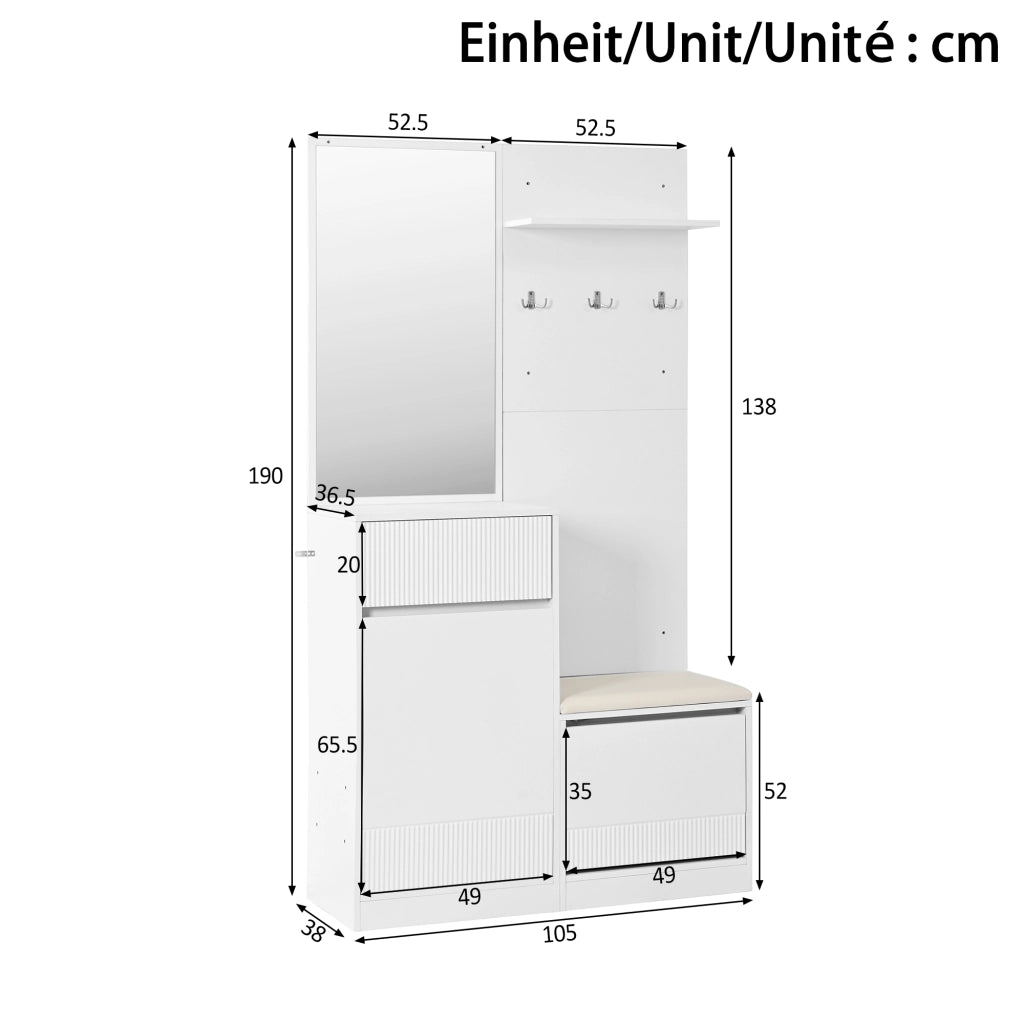 GARDEROBA da ingresso con scarpiera, specchio, LED, 105 x 38 x 190 cm, bianca