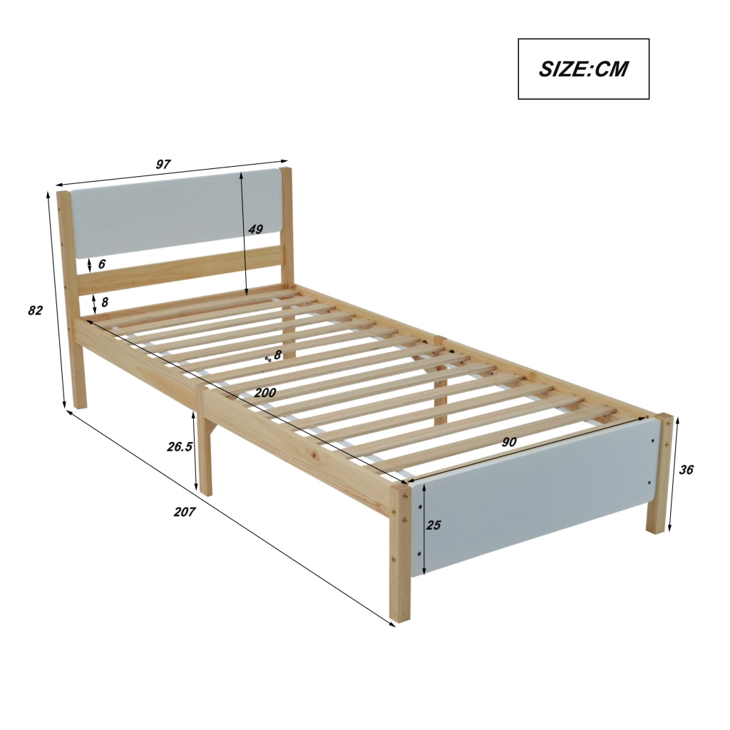 LETTO Singolo 90x200 cm in Legno e MDF Bianco e Naturale