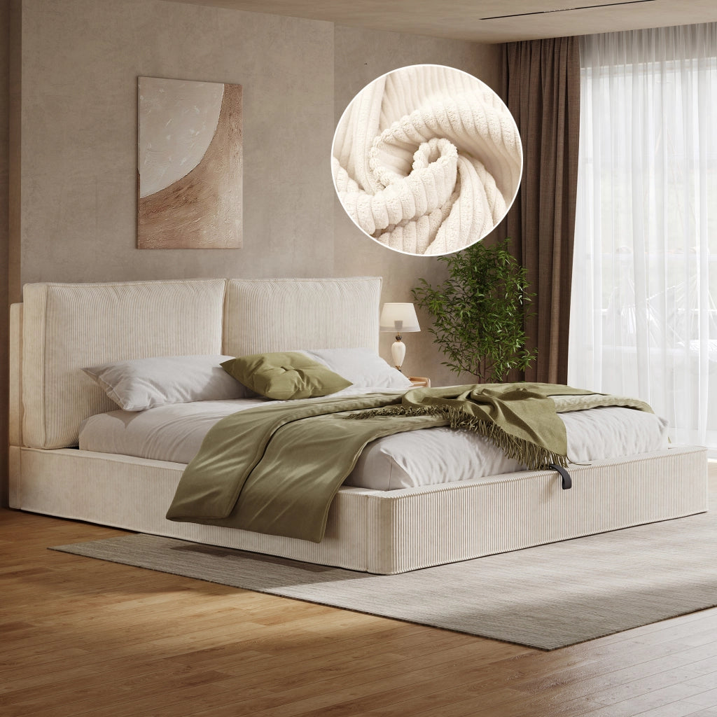 DESMIU Letto contenitore 180 × 200 cm 2 posti con vano idraulico e testiera, senza materasso, in velluto a coste beige