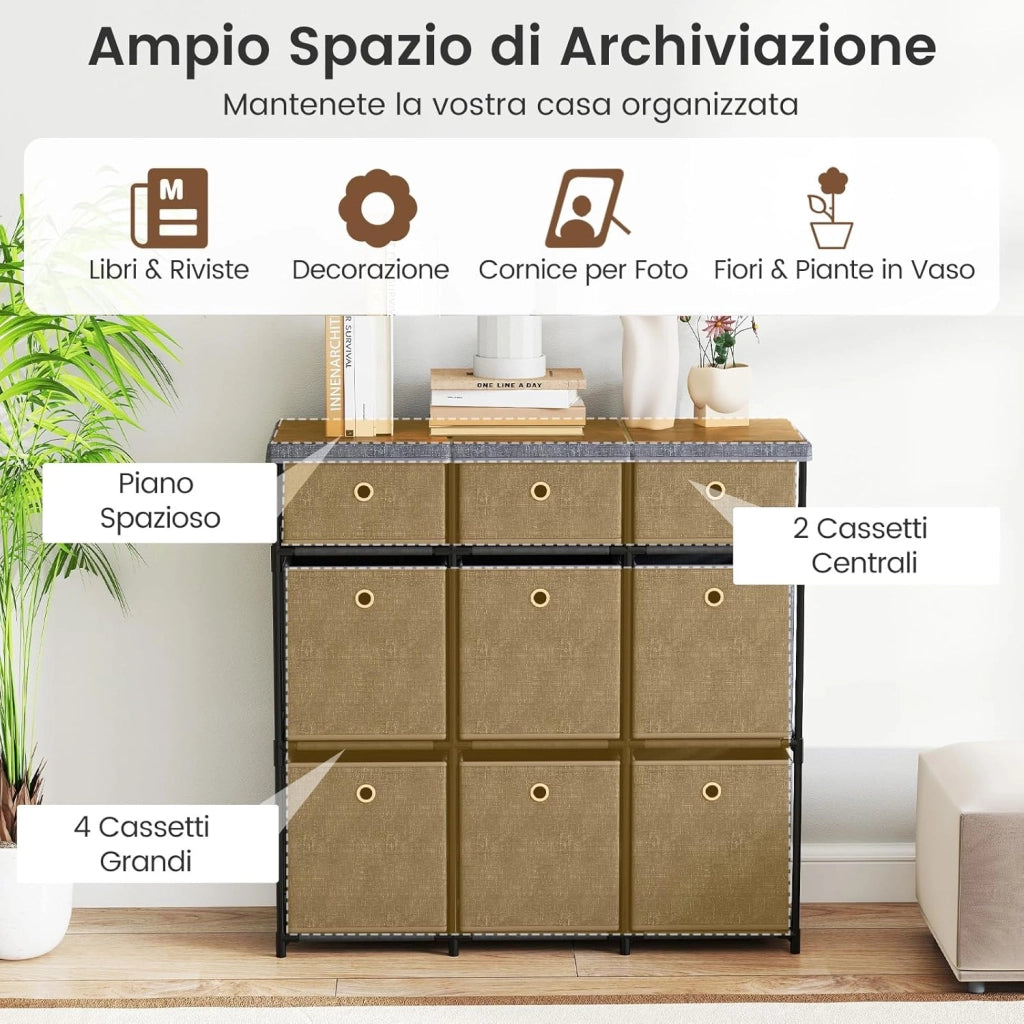 Comò con 9 Cassetti, Cassettiera in Tessuto con Struttura in Metallo e Legno, Armadietto Portaoggetti Salvaspazio, per Soggiorno, Camera da Letto e Corridoio (87 x 29 x 84 cm,Grigio)