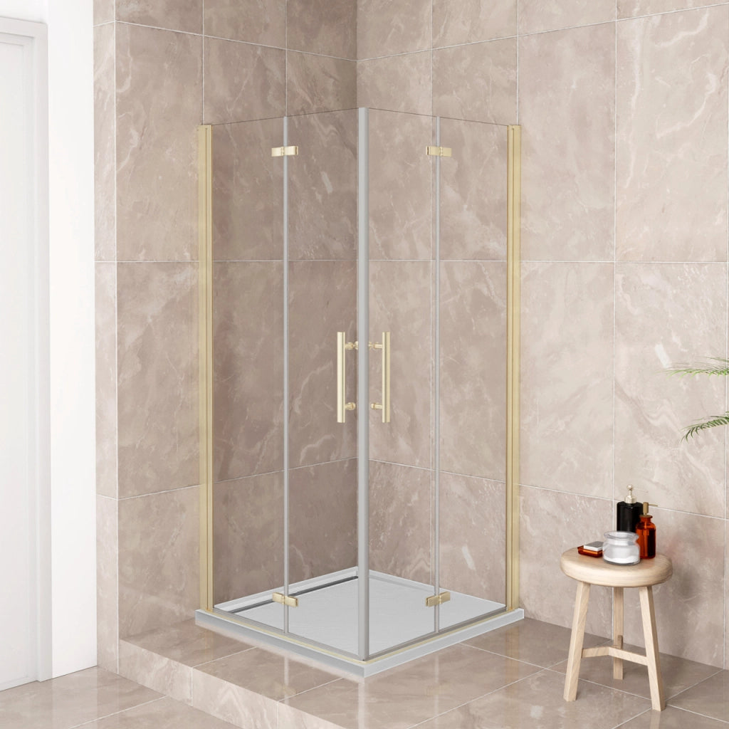 185 cm Box Doccia Angolare 90x90 cm Doppia Porta Battente Pieghevole Vetro Temperato Trasparente 6 mm Anticalcare Telaio Dorato Spazzolato