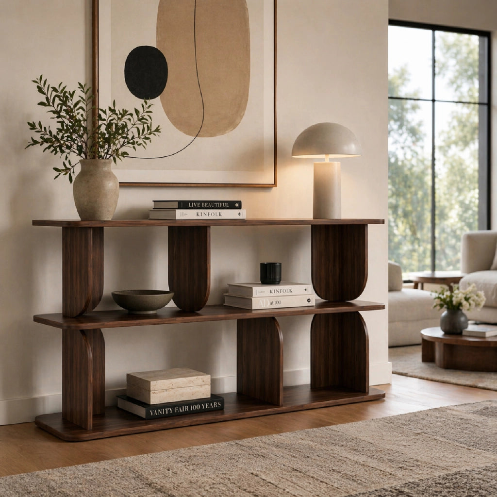 Libreria Per Soggiorno Corridoio Studio Ufficio Con 4 Vani A Giorno E 3 Ripiani Design Moderno Contemporaneo In Melaminico 160 X 74 X 34 Cm Noce