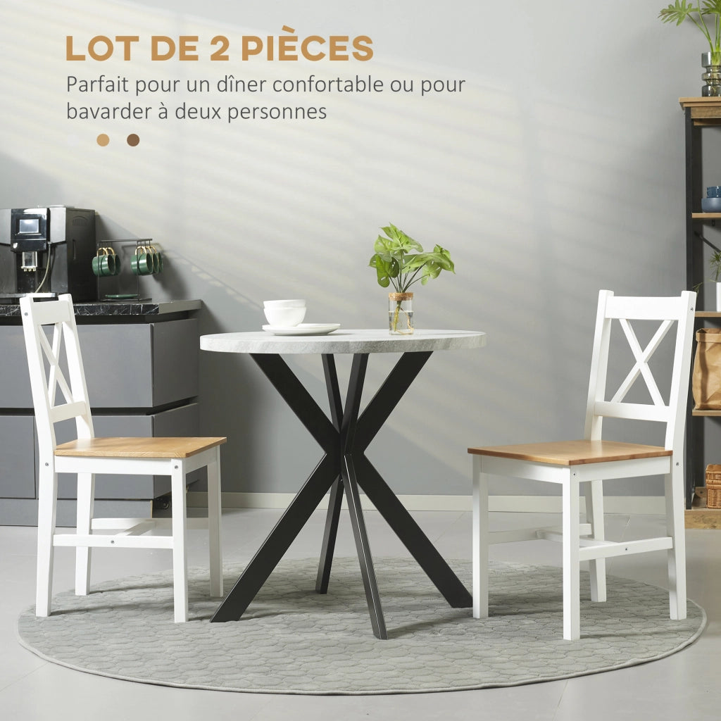 Set 2 Sedie da Pranzo in Legno Massello ¨C Xylo ¨C Stile Campagna Schienale Incrociato Bianco e Rovere