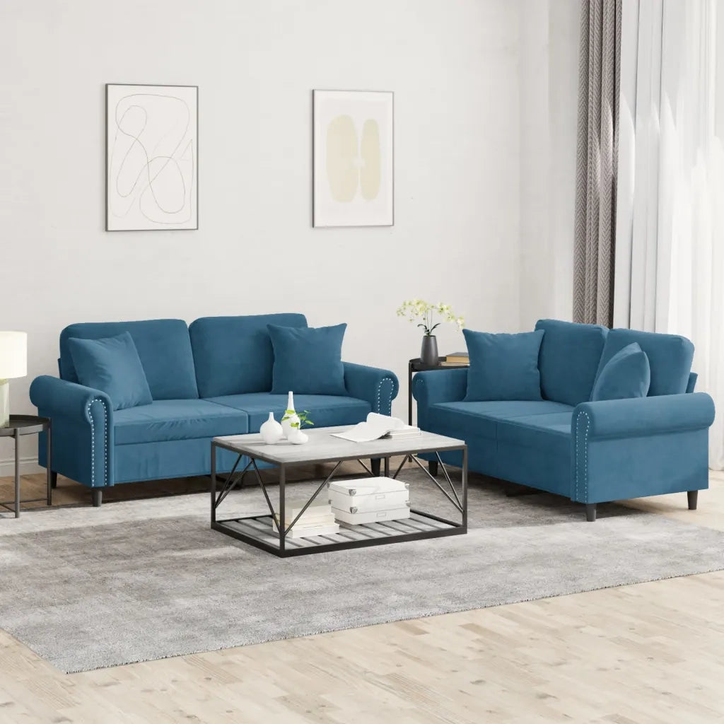 Set di Divani 2 pz con Cuscini Blu in Velluto 3202239
