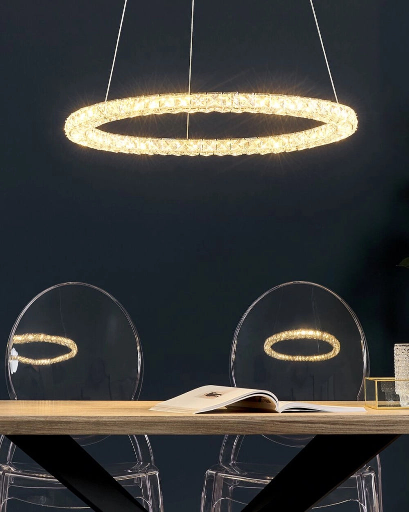 Lampada a Sospensione Argento Cristallo Vetro Acciaio Luci LED Integrate Anello Forma Rotonda Appeso Illuminazione Glamour Moderna