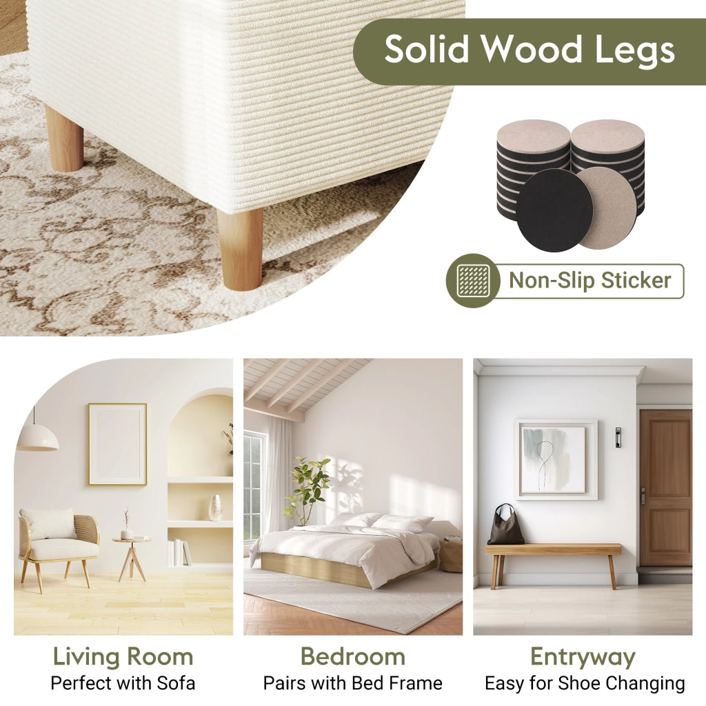 Letto matrimoniale 140×200 cm con LED; testiera con ripiano e panca contenitore; materasso incluso; legno; beige