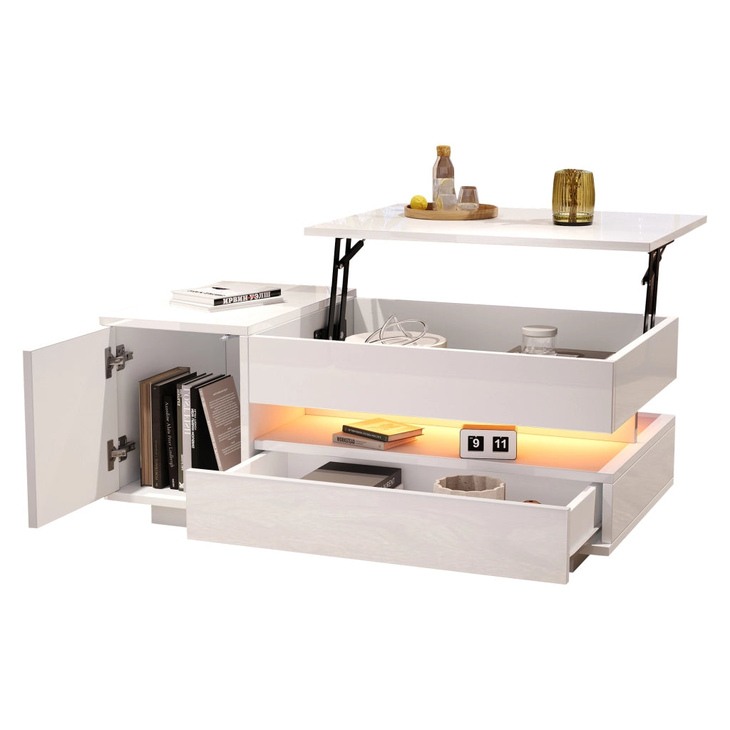 Tavolino da salotto sollevabile 90x50x34,5 cm, bianco lucido, cassetto, armadietto, vani nascosto/semiaperto e LED con app.