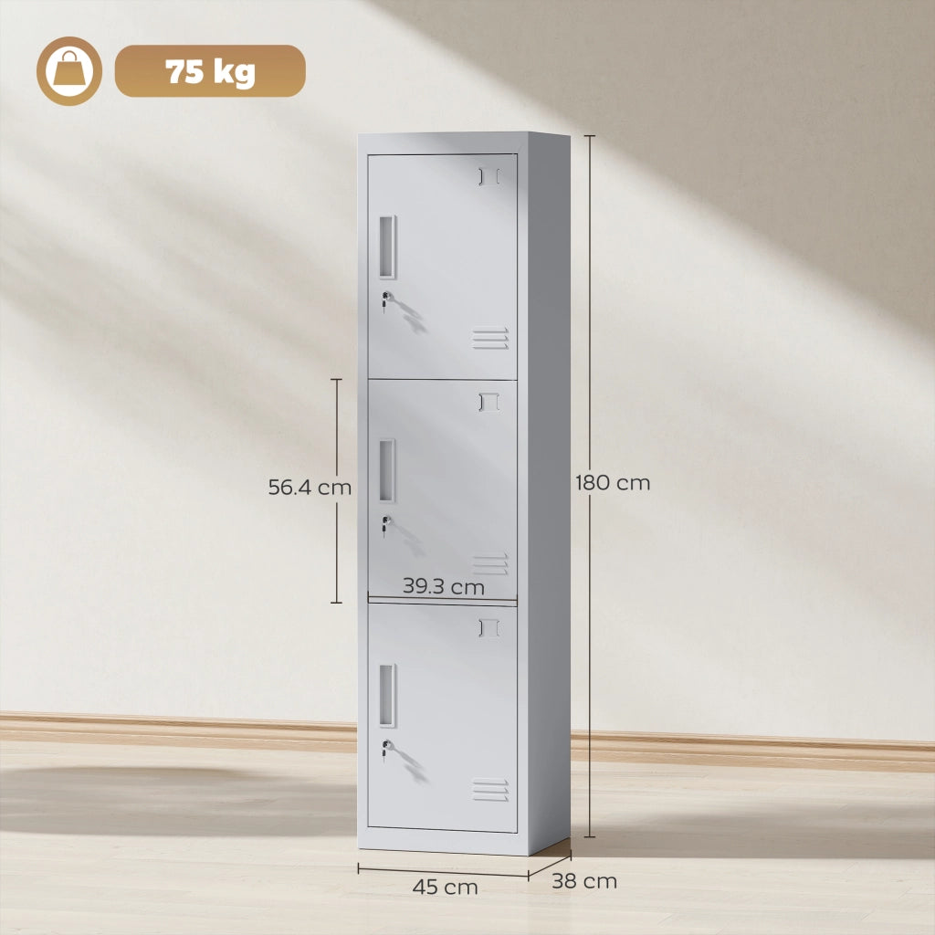 Armadio per Ufficio in Acciaio a 3 Porte Indipendenti con Serratura e 2 Chiavi, 45x38x180 cm, Grigio Chiaro