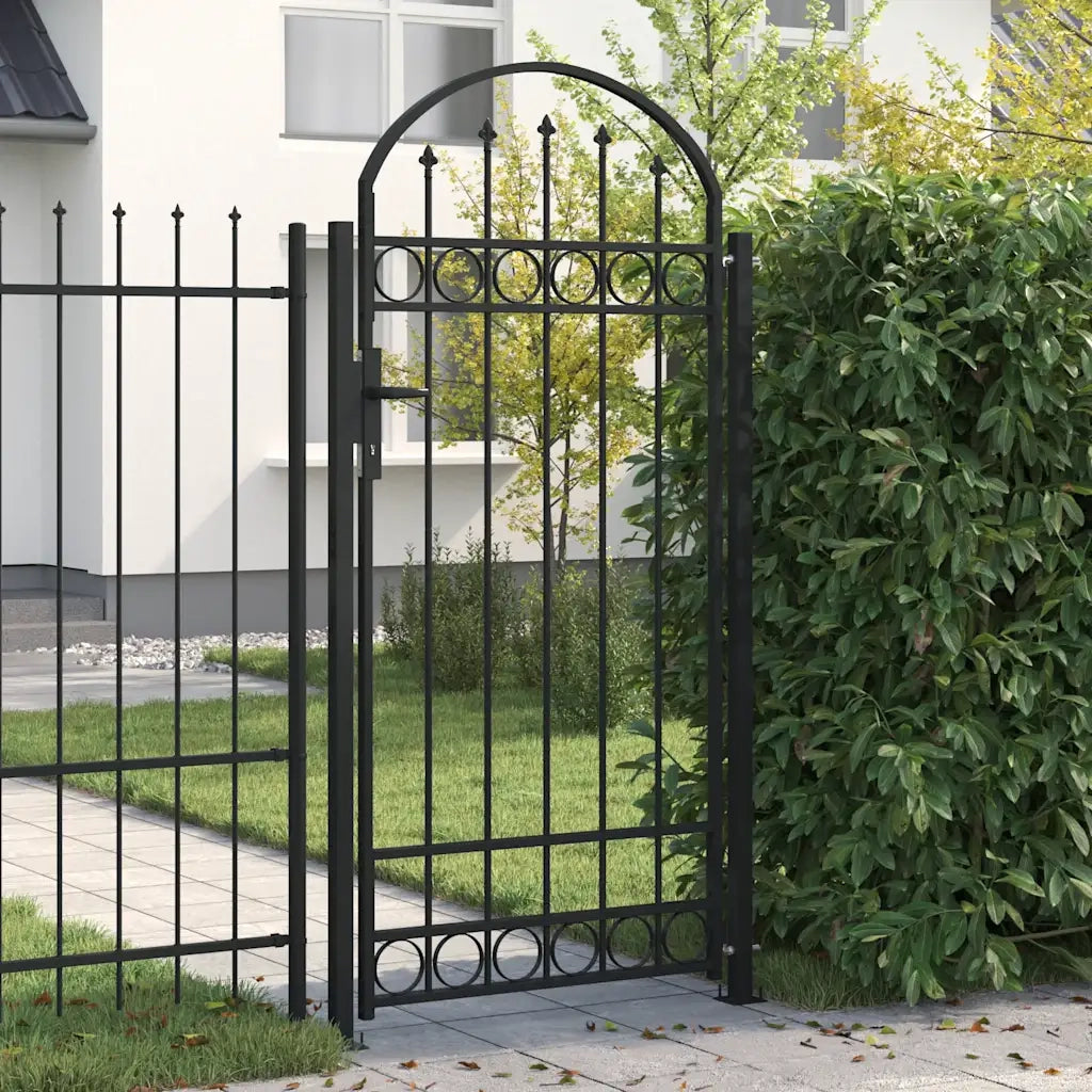 Cancello per recinzione ASSEN con parte superiore ad arco e 2 pali 105x170 cm Nero 145751