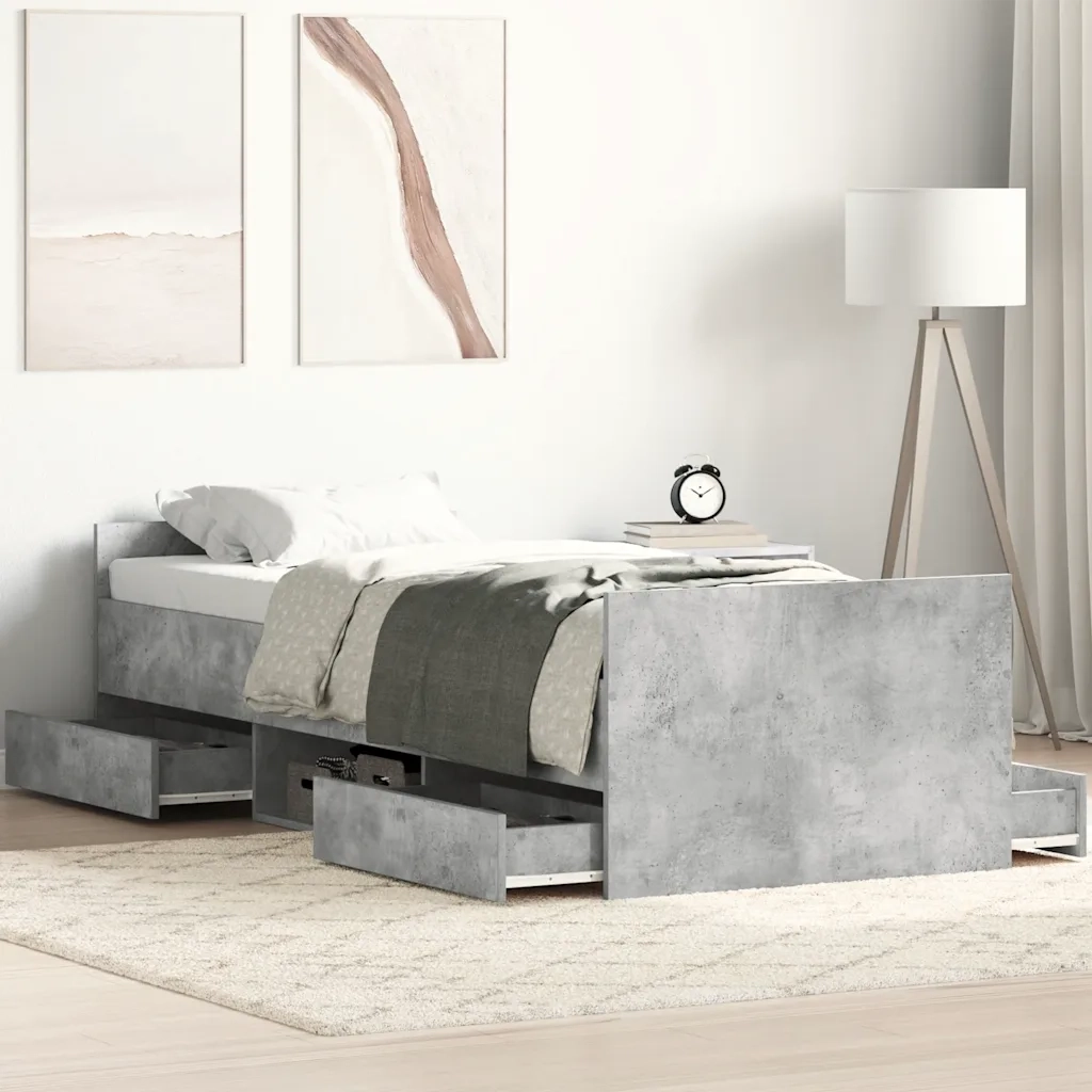 Letto singolo | Letto per adulti | Giroletto con Testiera e Pediera Grigio Cemento 75x190 cm