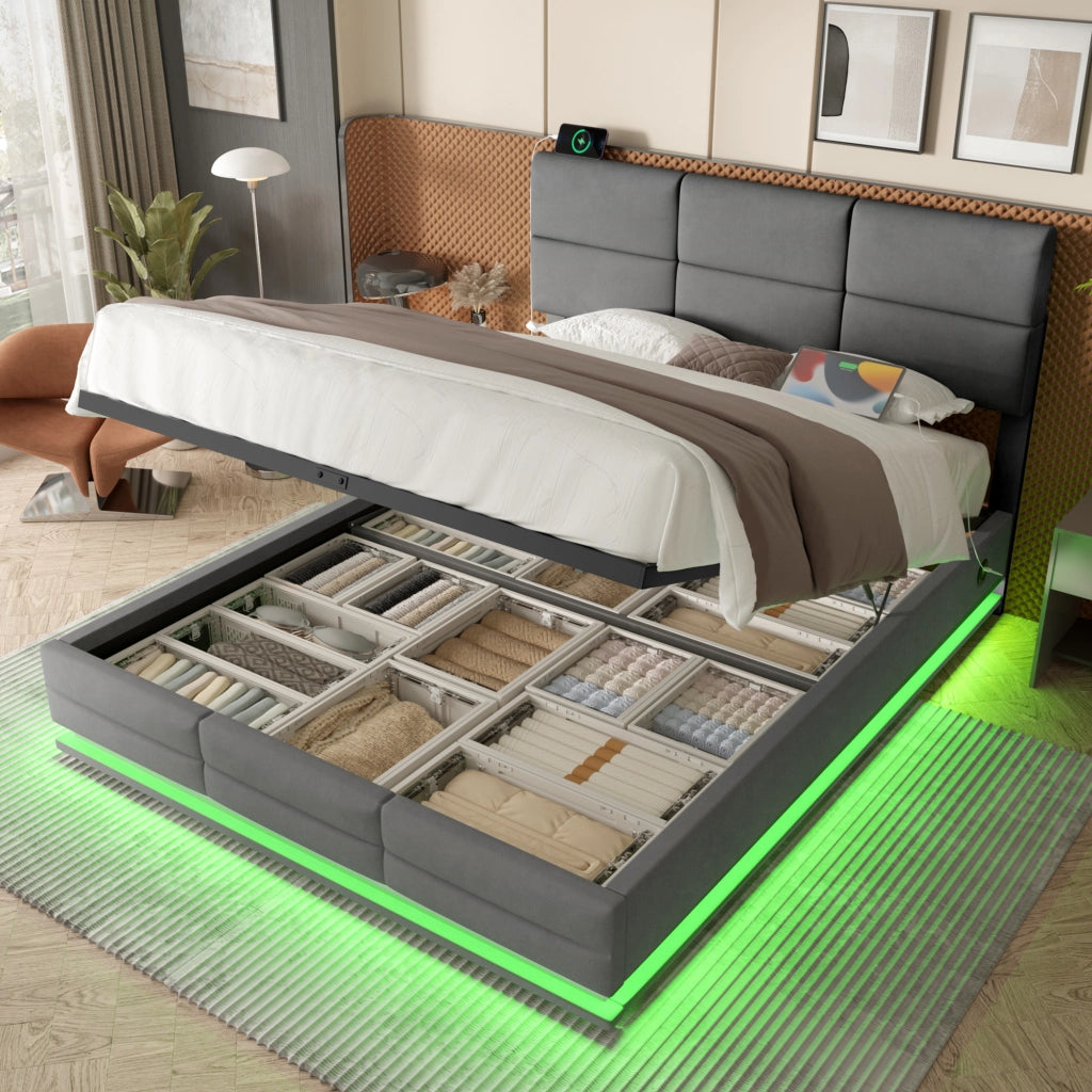 OKWISH Letto Contenitore 180×200 cm, Letto Matrimoniale con USB, Tipo C, LED Regolabile e Testiera Regolabile, senza Materasso, Velluto, Grigio Scuro