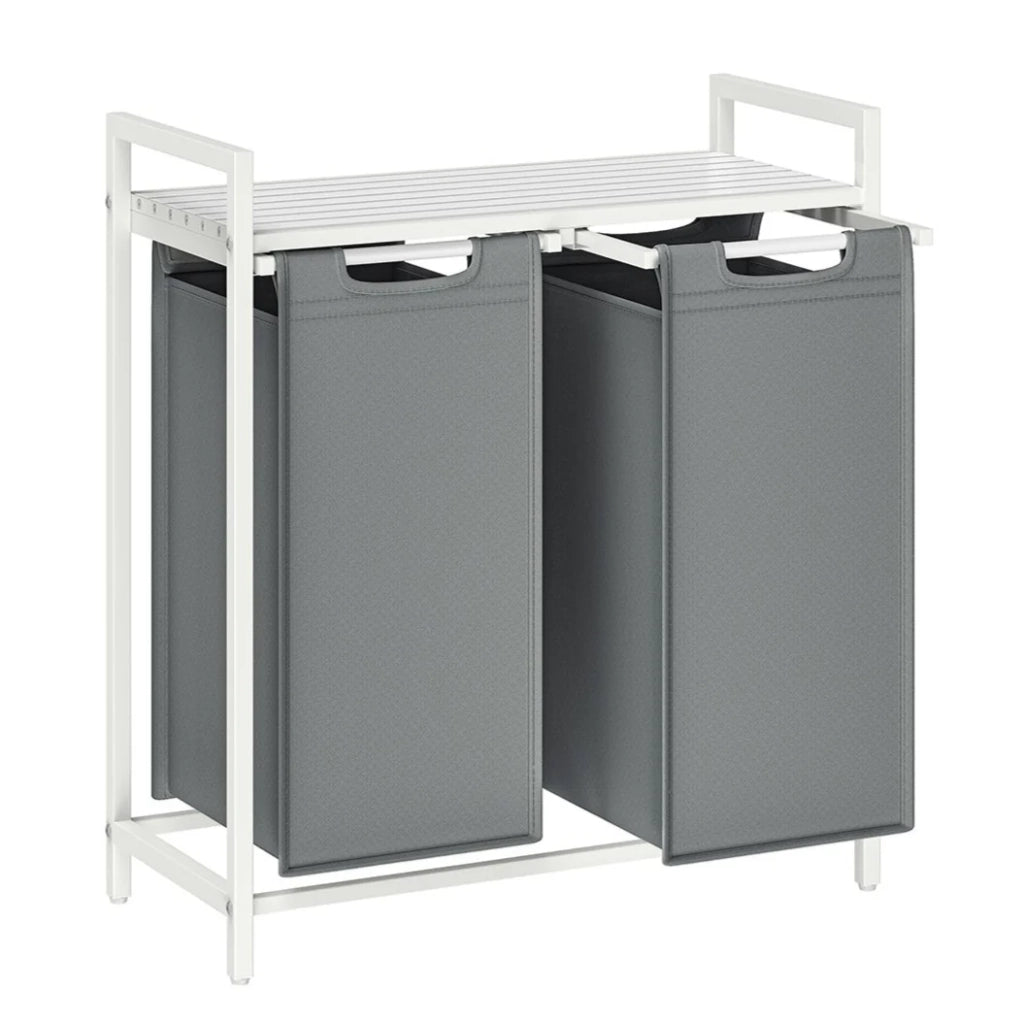 Cesto portabiancheria 2 x 46 litri cesto portabiancheria sporca contenitore per biancheria con ripiano in metallo 2 sacchi in tessuto Oxford rimovibili con chiusura in velcro grigio 12_0006654