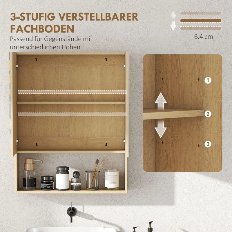 Mobile da bagno, ante a specchio, ripiano aperto, montaggio a parete, MDF, truciolato, rovere