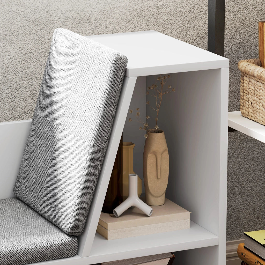 Libreria con cuscino di seduta, ripiano contenitore con 6 scomparti, effetto lino, piccola libreria per soggiorno, camera da letto, 105 x 30 x 63 cm,
