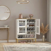 Scaffale per scarpe in legno con pannelli regolabili e gambe metalliche, 5 pannelli e porte in rete, colore bianco