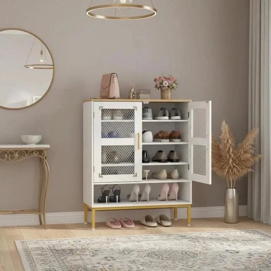 Scaffale per scarpe in legno con pannelli regolabili e gambe metalliche, 5 pannelli e porte in rete, colore bianco