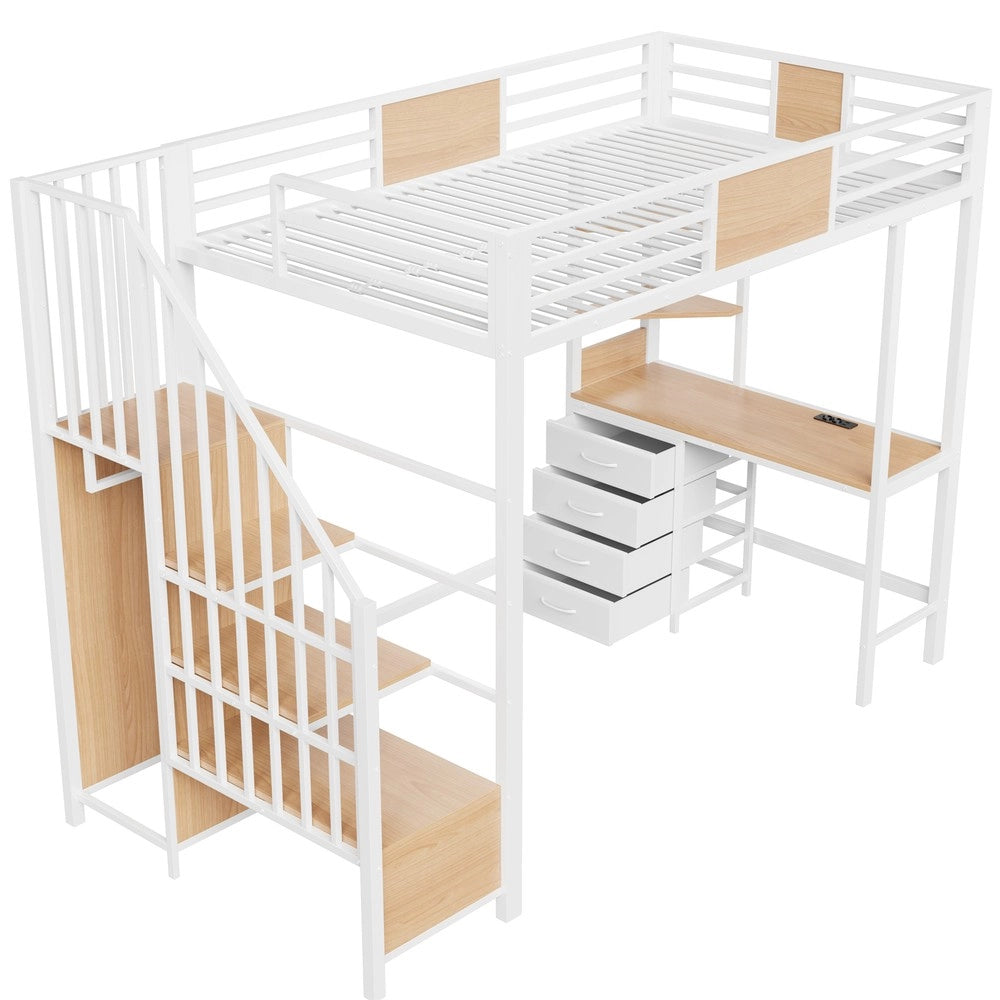 Letto a Soppalco con Scrivania e LED ¨C MINIMAL ¨C 90x200, Metallo, Nero