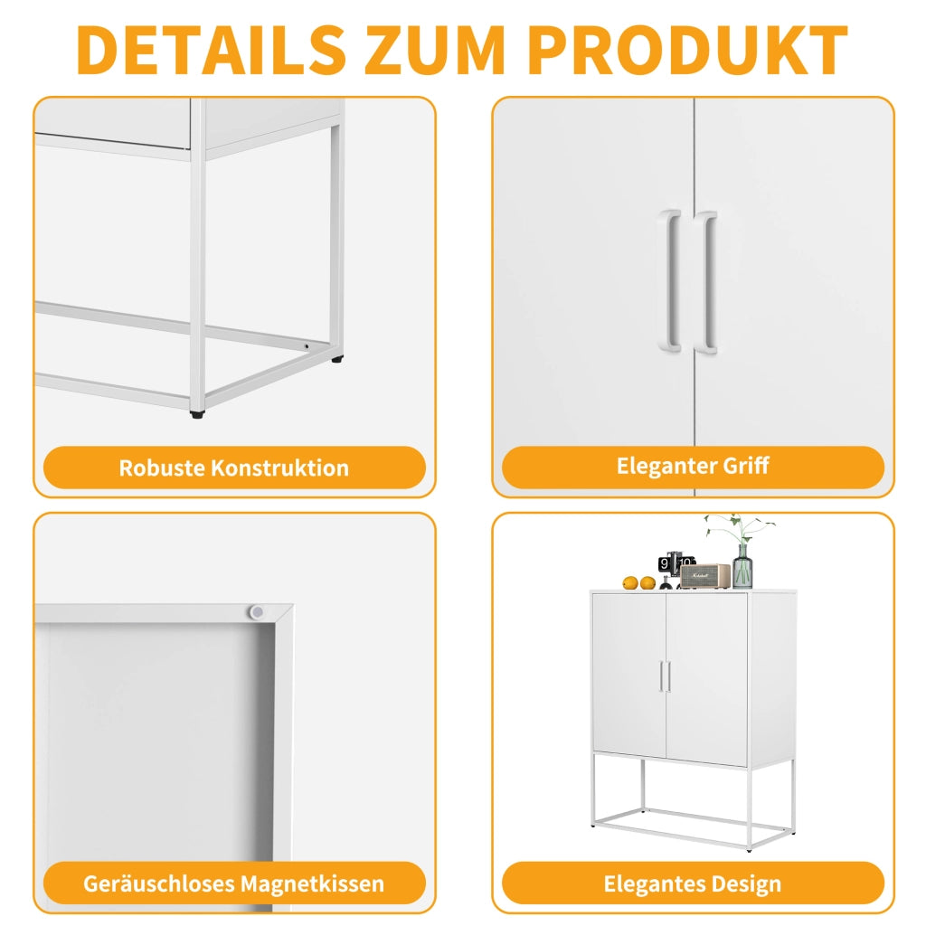 Credenza/mobile contenitore in metallo con 2 ripiani, mobile in acciaio autoportante, ante magnetiche, dispositivo antiribaltamento, adatto per soggio