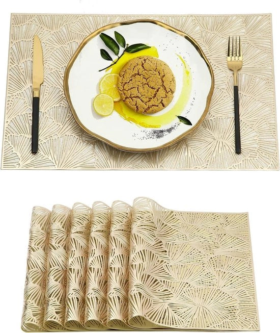 Set di 6 piatti per tavola in PVC, antiscivolo, resistente al calore, 45 x 30 cm, foglie di ginkgo in jacquard, disegno per ristoranti, cucina, tavola da pranzo