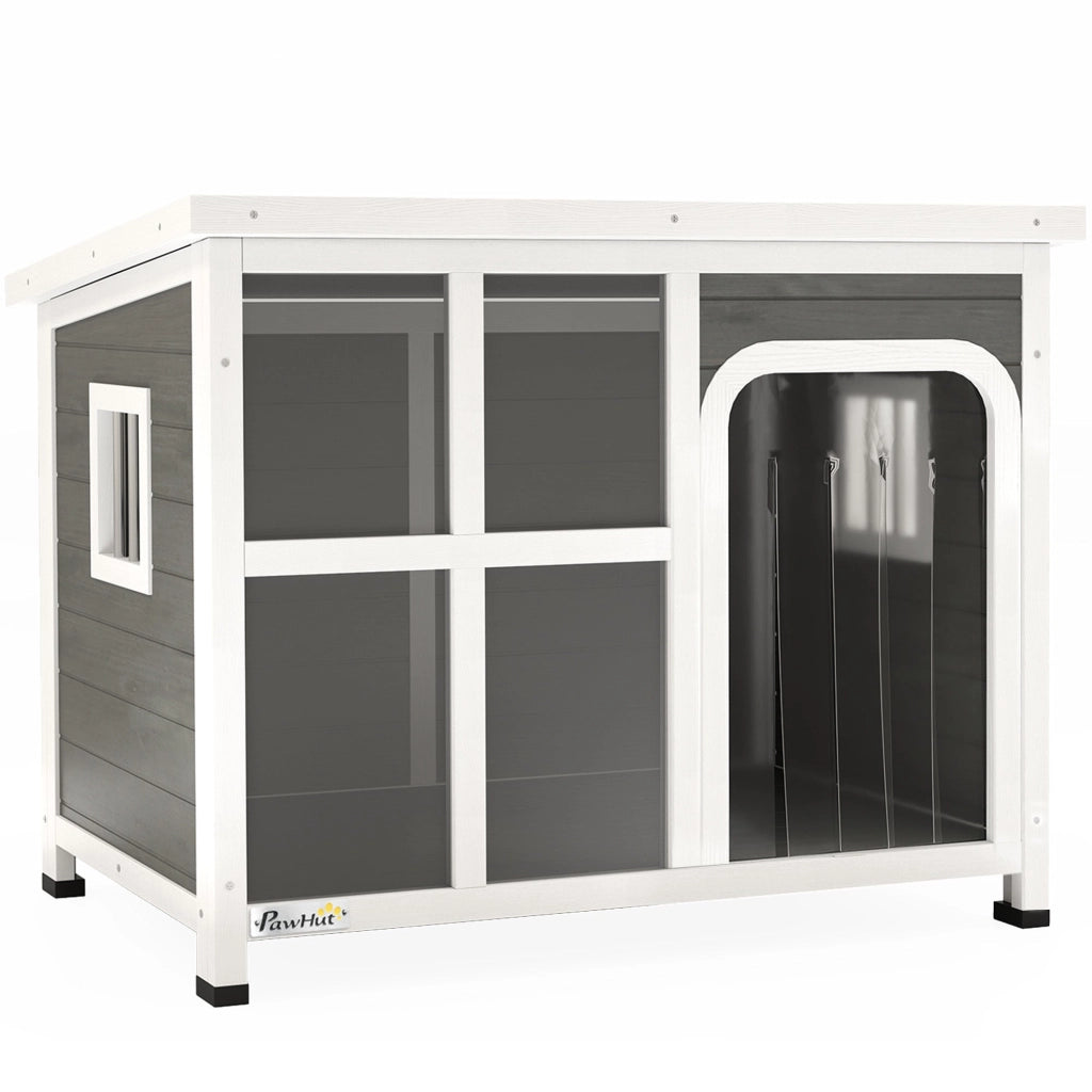 Cuccia per Cani di Taglia Piccola e Media 90x62x71 cm con Finestrelle e Ingresso a Tenda in Legno di Abete Grigio Chiaro