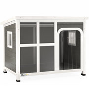 Cuccia per Cani di Taglia Piccola e Media 90x62x71 cm con Finestrelle e Ingresso a Tenda in Legno di Abete Grigio Chiaro