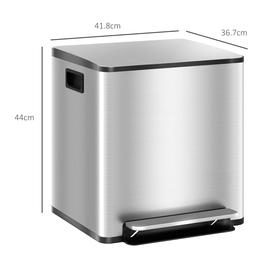 Pattumiera a Pedale 2 Scomparti ¨C Xylo ¨C 15L Acciaio Inox Coperchio Silenzioso 41.8x36.7x44cm