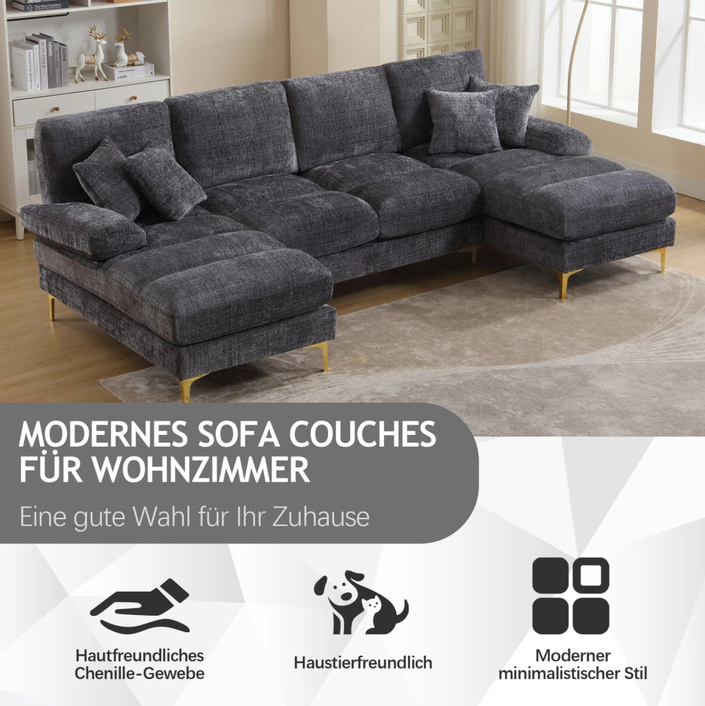Divano angolare a U con doppia chaise longue 272x136x88 cm in chenille grigio