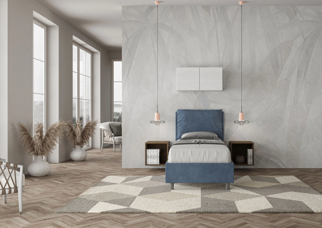BS COM Letto singolo senza rete imbottito 90x190 microfibra blu