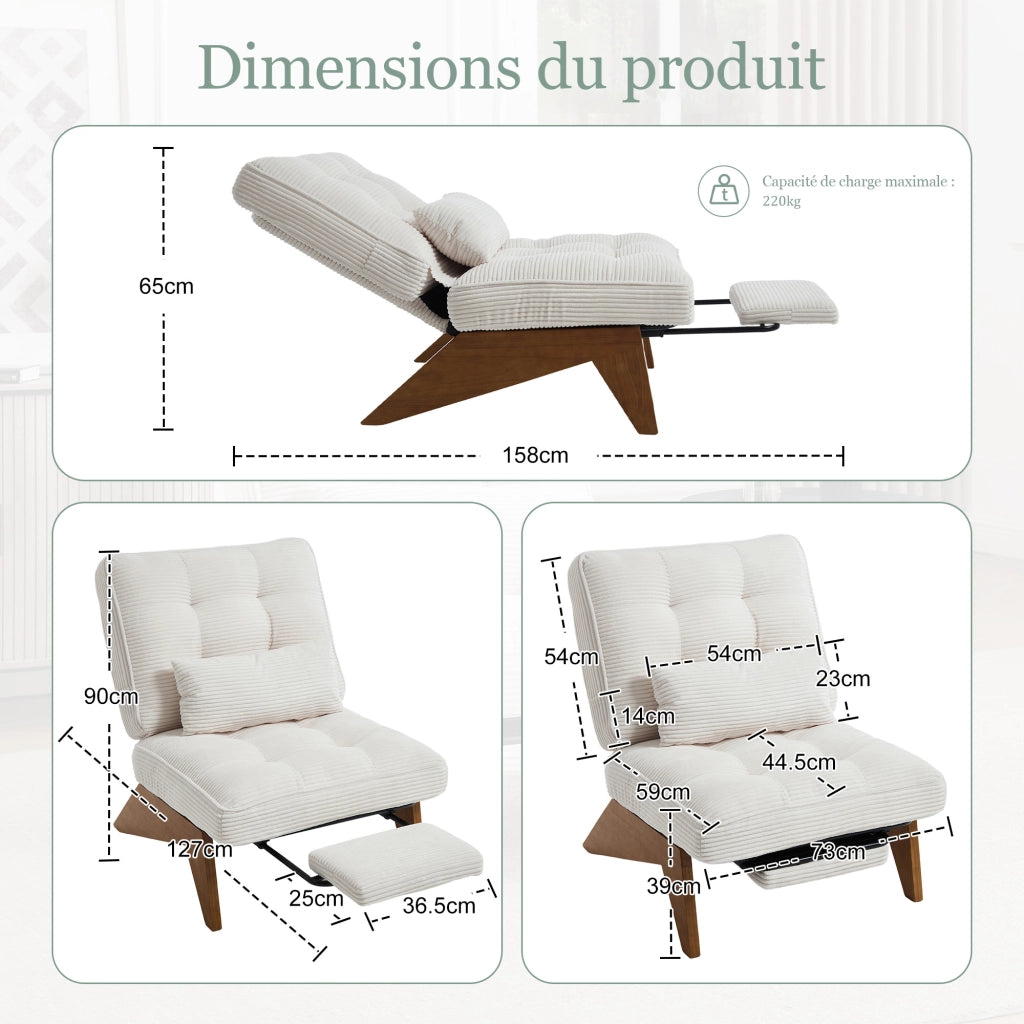 Poltrona Relax con Schienale Regolabile Poggiapiedi Cuscino Lombare e Gambe in Legno in Tessuto a Coste Beige