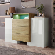 Credenza Moderna con LED ¨C MINIMAL ¨C Bianco Lucido e Legno 140cm