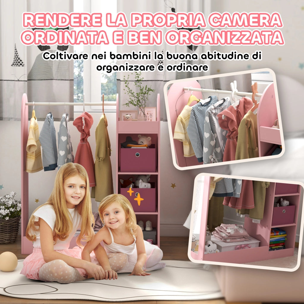 Armadio Bambini con Appendiabiti, Ripiani e Specchio ¨C Minimal ¨C Legno, Rosa