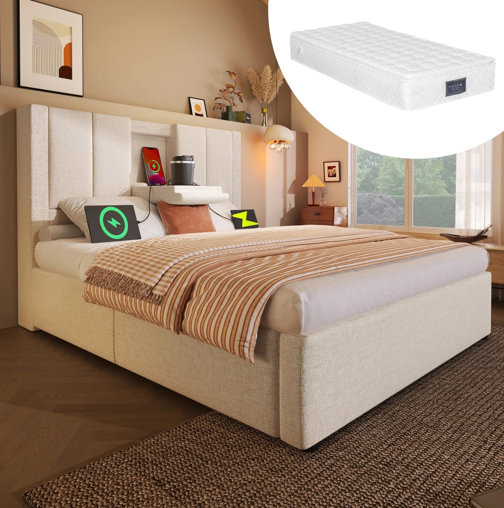 Letto imbottito 90x200 cm con contenitore, ricarica USB e materasso incluso