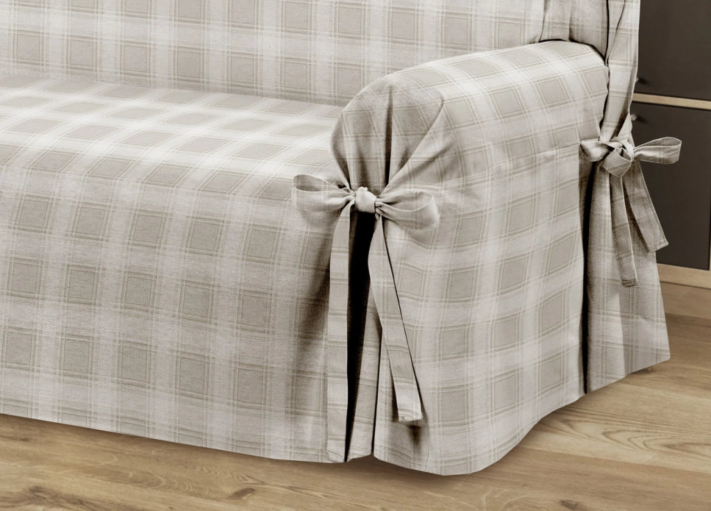 Copridivano Fodera Telo Protezione Divano Con Laccetti Fiocco Varie Fantasie - 3 Posti - Scozzese Beige