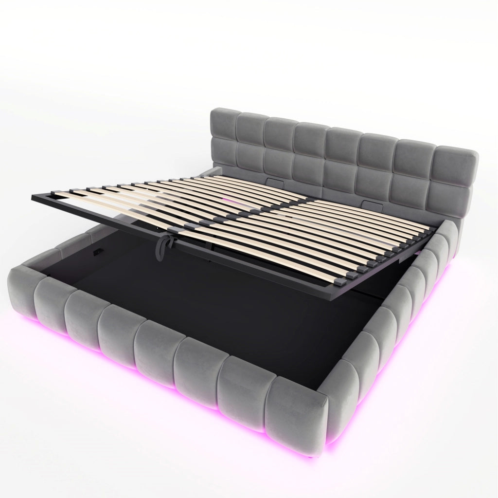 Letto contenitore imbottito 180x200 cm in velluto grigio con LED