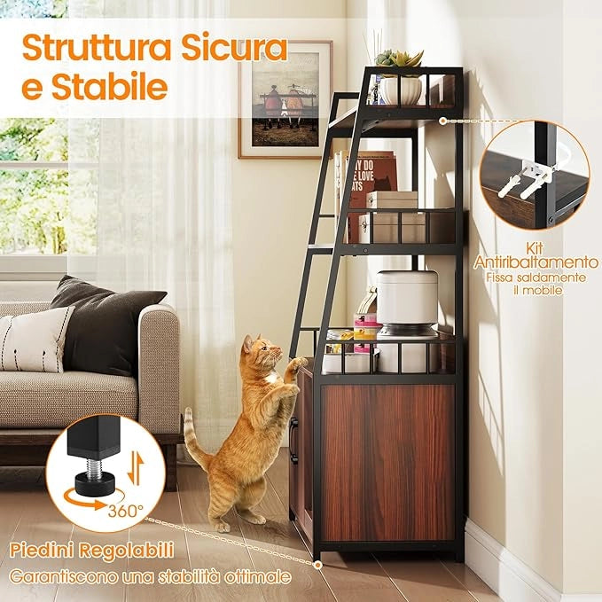 Mobile Lettiera per Gatti 80 x 40 x 132 cm, Credenza Soggiorno con Ripiani di Stoccaggio, Tiragraffi per Gatti, 2 Prese AC e Cuccia, Armadio Salvaspazio per Cuccia e Ingresso (Noce)