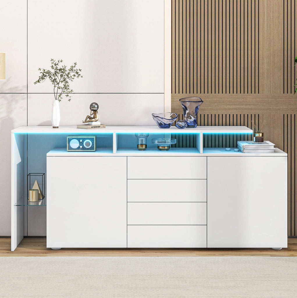 Credenza moderna 160 cm con LED; 4 cassetti; 2 ante e vetro; bianca