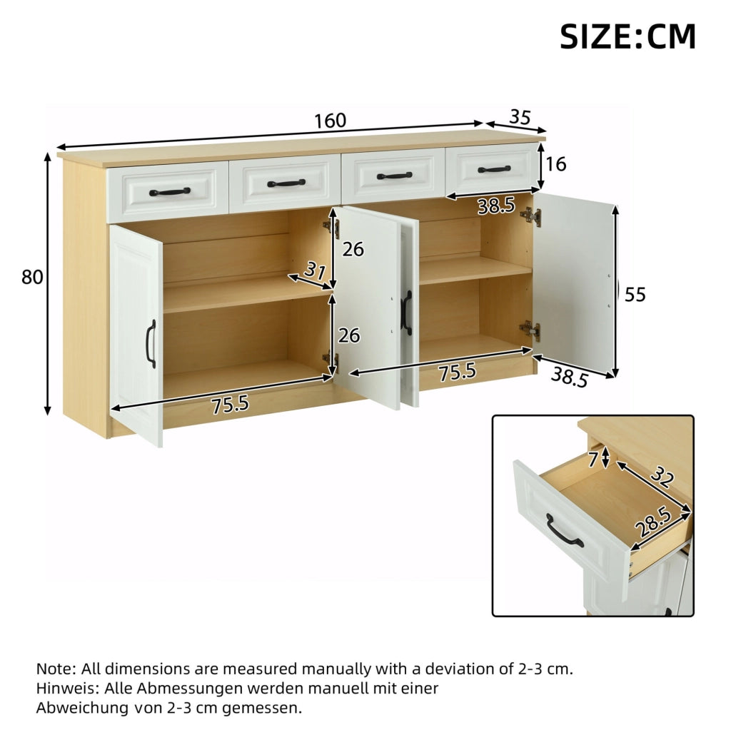 Credenza sideboard 160 cm con 4 cassetti e 4 ante; ripiani interni; MDF bianco
