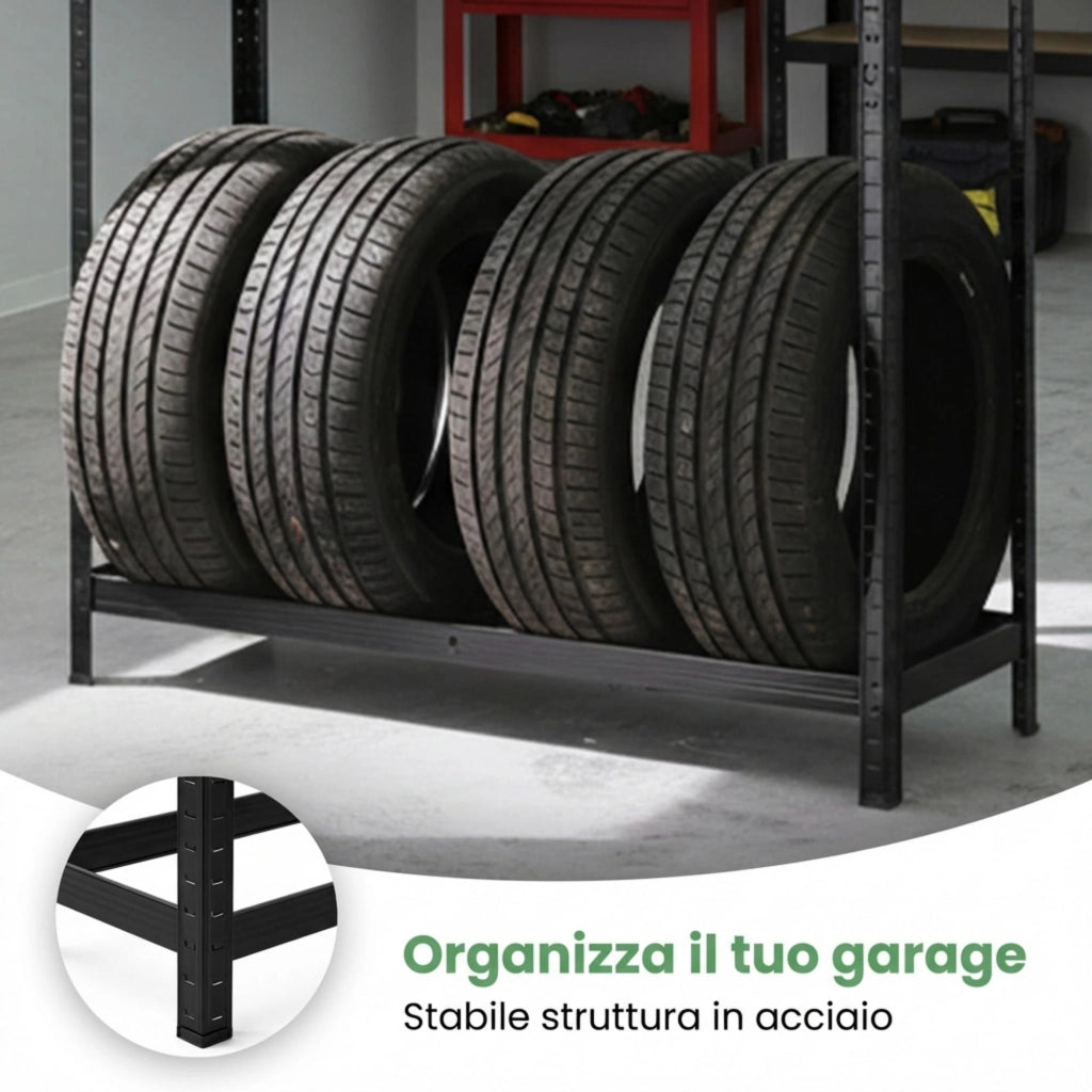 Scaffale portagomme da garage in metallo 3 ripiani Nero 120x40x180 cm
