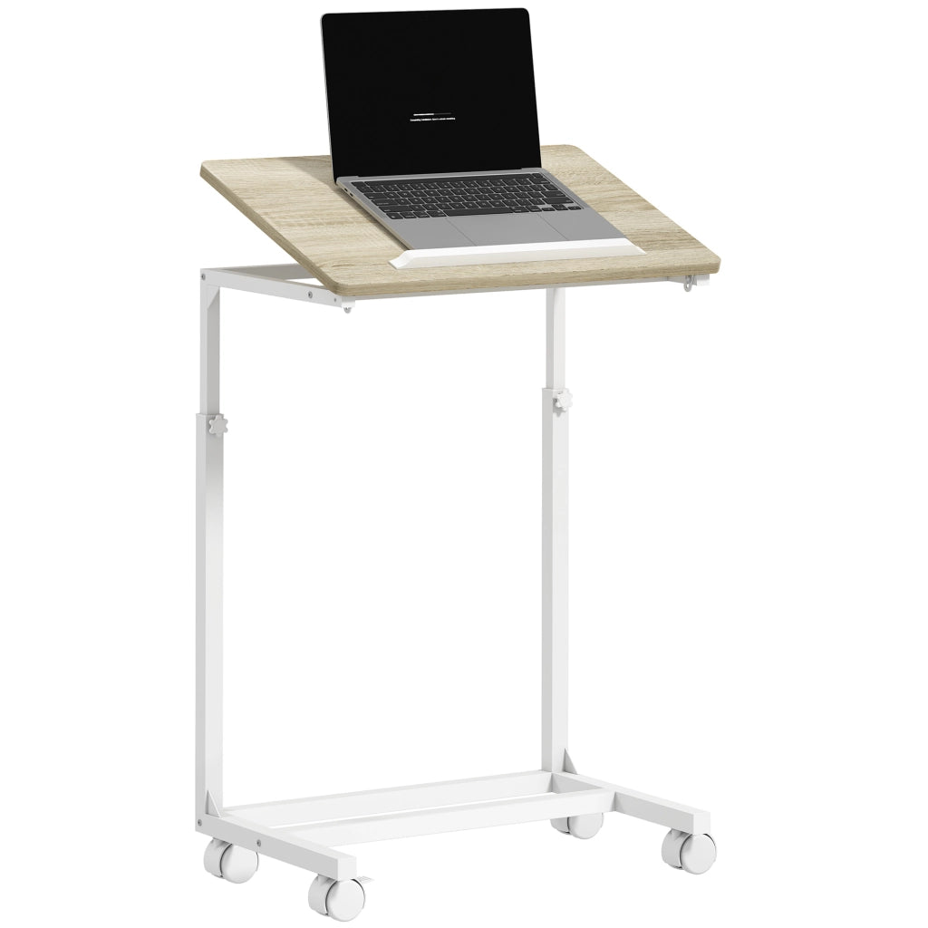 Tavolino da lavoro regolabile con piano inclinabile e ruote ¨C zephmum ¨C bianco e rovere 55x36x62.5-82.5 cm