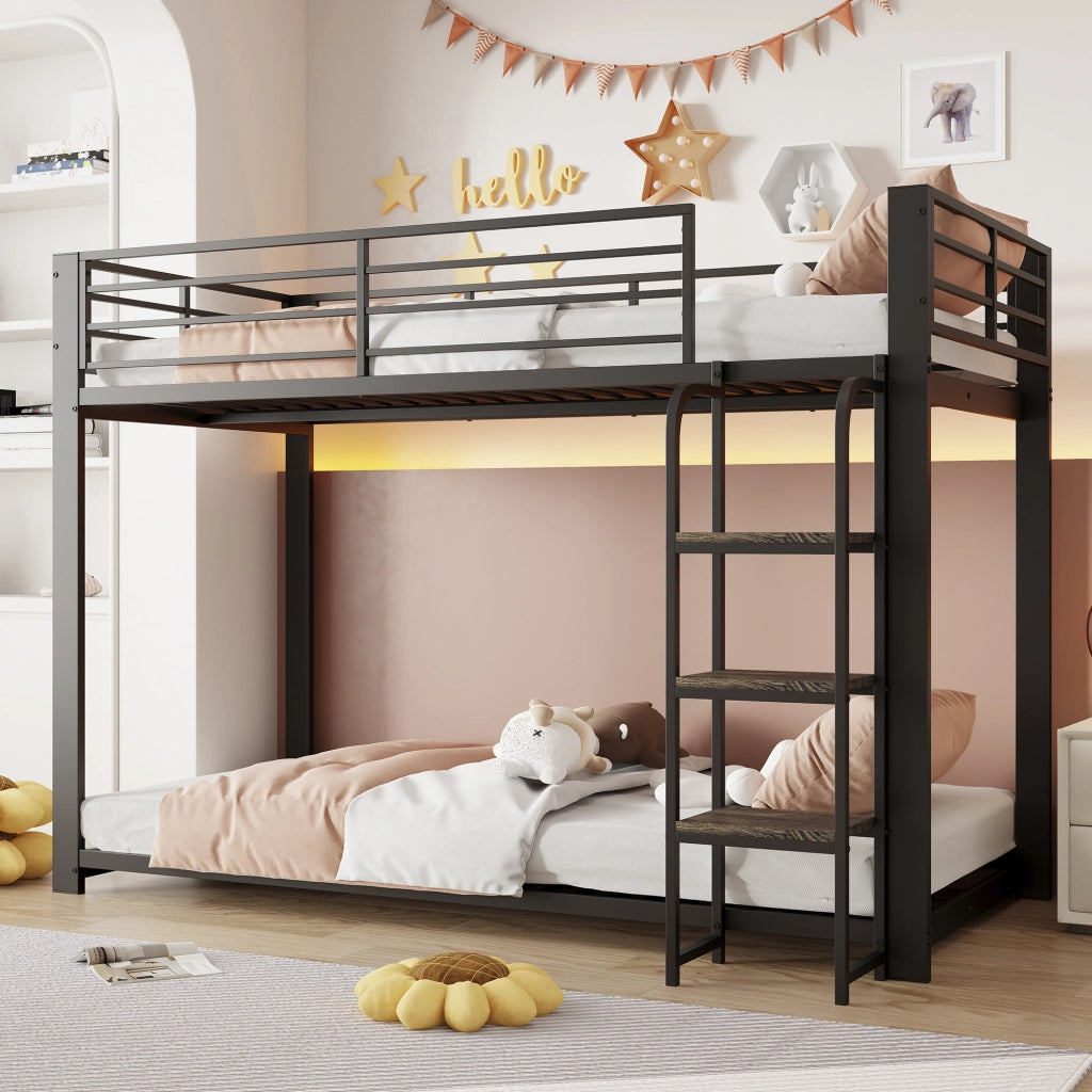Letto a castello 90 × 200 cm con scale ampie e ripiano, per bambini e ragazzi, senza materasso, nero
