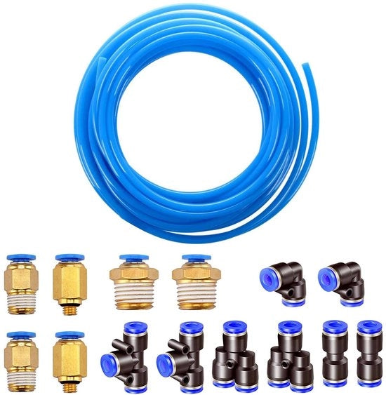 Slang Pneumatico Flessibile 10 m - Slang di Acciaio Inossidabile con Connettori - Materiale PU - 6 mm/4 mm - 8 Pezzi di Connettore - Alta Resistenza alla Pressione
