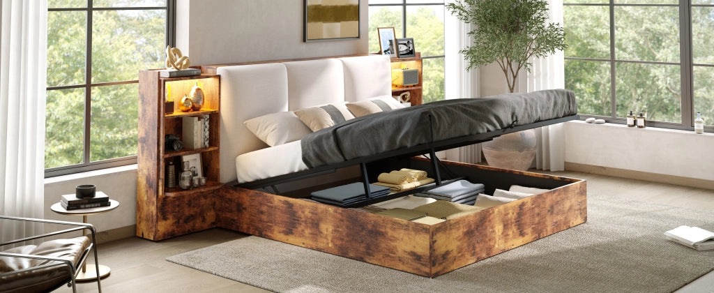 DESMIU Lit coffre 180 × 200 cm 2 posti con LED, 6 vani, testiera imbottita, senza materasso, marrone