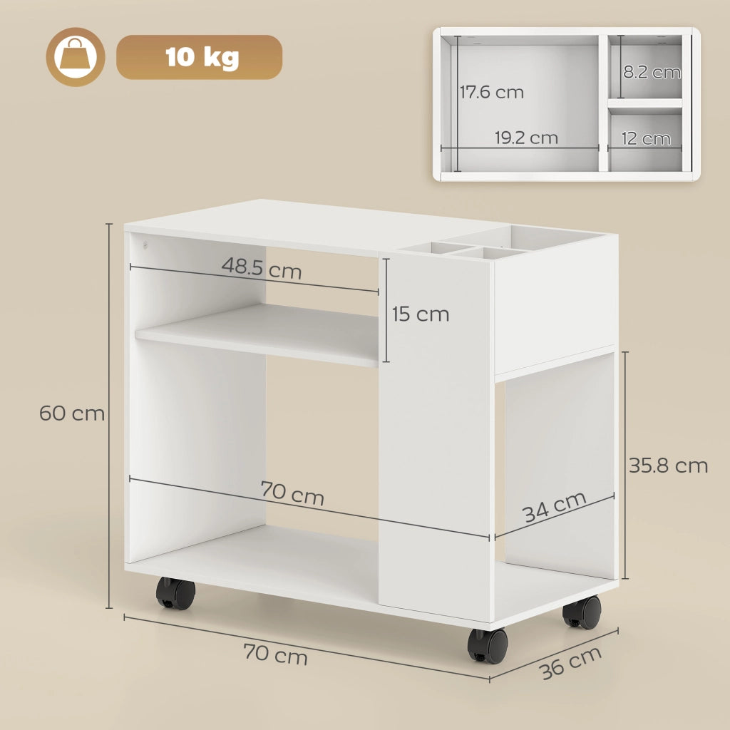 Tavolino da Salotto 70x36x60 cm con Ruote Vani Aperti Ripiano e Scomparto Superficie in Melamina Bianco