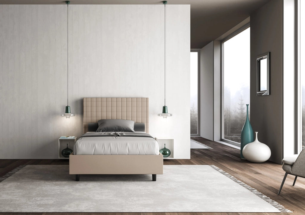 BS COM Letto singolo con rete imbottito 100x200 similpelle tortora