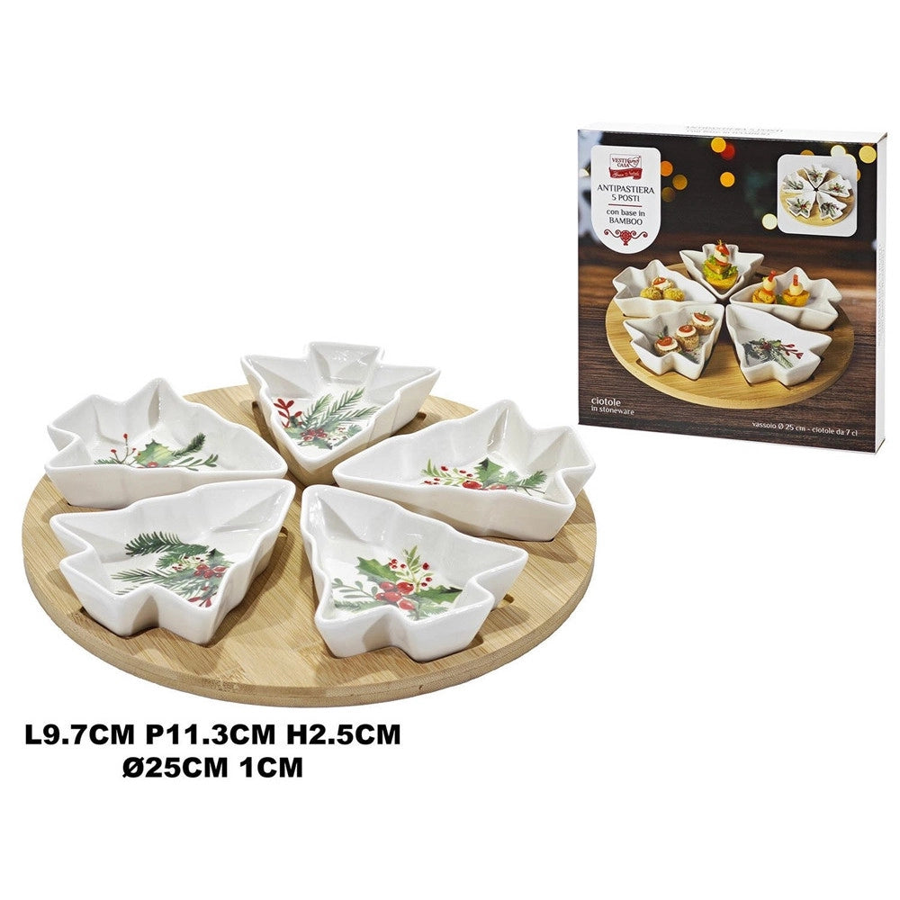 Trade Shop - Antipastiera Con Vassoio Base In Bambù 5 Ciotole In Stoneware A Forma Di Albero Di Natale -