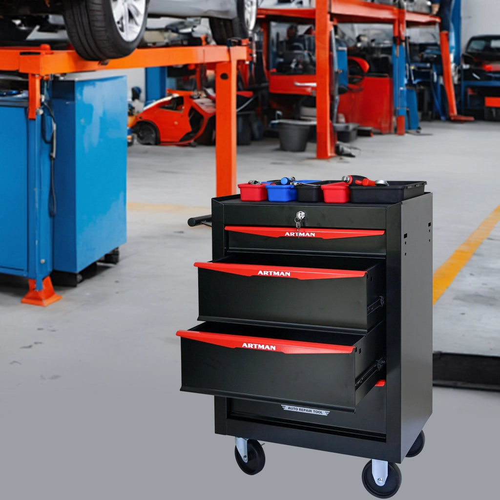 CARRELLO PORTA ATTREZZI 4 cassetti 60x33x77,5 cm acciaio nero/rosso