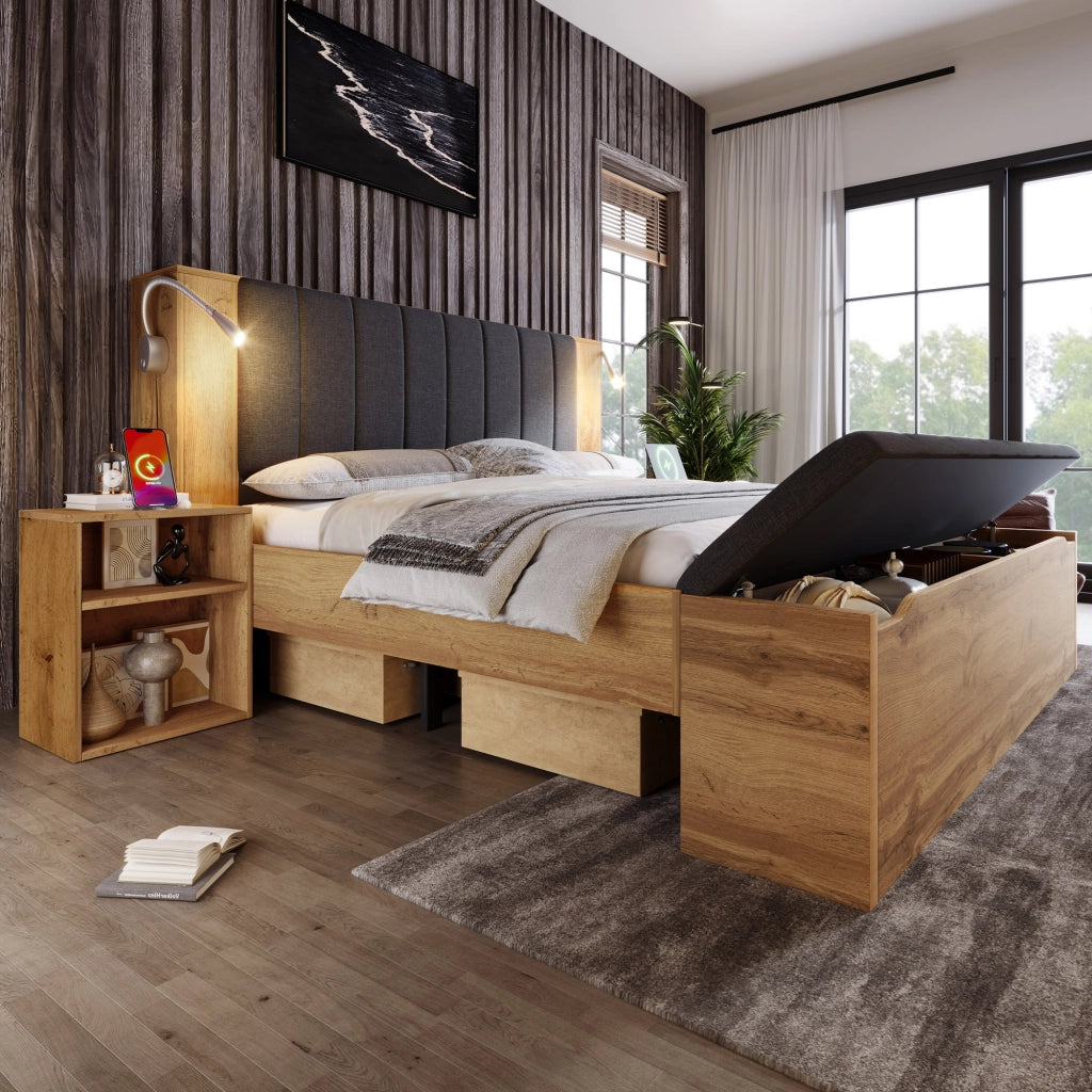 DESMIU Letto Matrimoniale 160 × 200 cm con Lampada da Lettura USB, 2 Comodini, Panca Contenitore, senza Materasso, Rovere