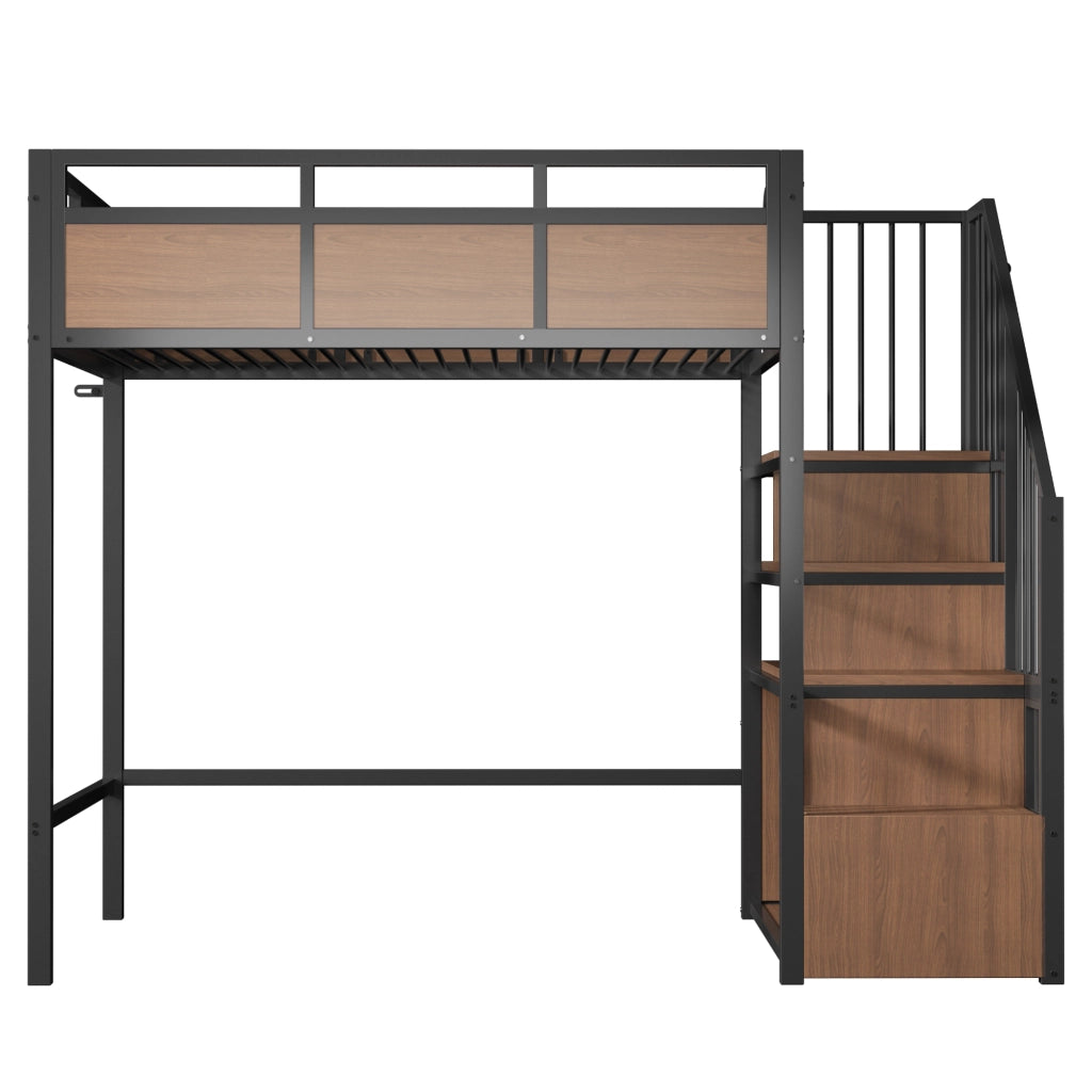 Letto a soppalco 90 × 200 cm con scala contenitore reversibile, led, senza materasso, in metallo e legno, nero