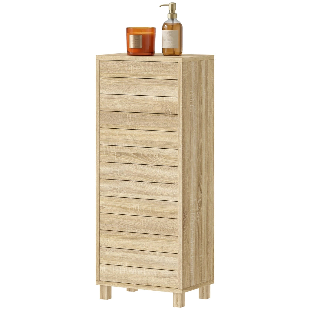 Mobiletto Bagno con 3 Ripiani e Anta a Listelli ¨C Minimal ¨C 34x23x84 cm Legno Naturale