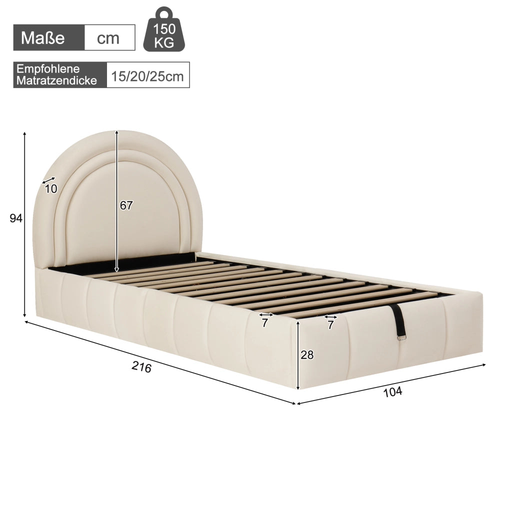 Letto contenitore per bambini 90×200 cm; letto singolo con apertura idraulica e testiera imbottita; senza materasso; beige